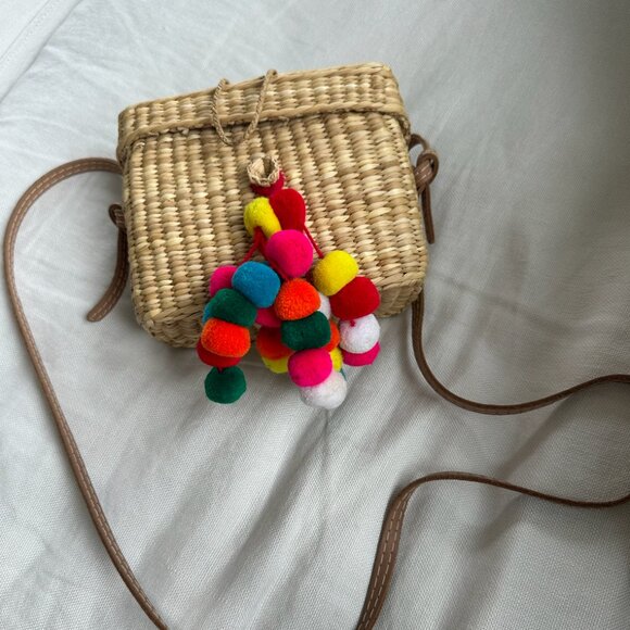 Nannacay Straw Shoulder Bag With Pom Pom Accent - Picture 1 of 5